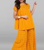 Janasya Mustard printed crepe ethnic kurta set