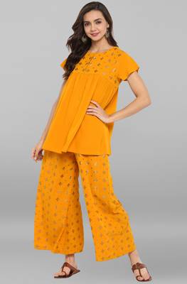 Janasya Mustard printed crepe ethnic kurta set 2