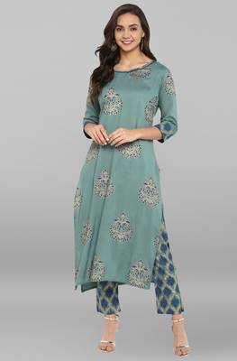 Teal printed rayon ethnic kurta set 1