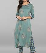 Teal printed rayon ethnic kurta set
