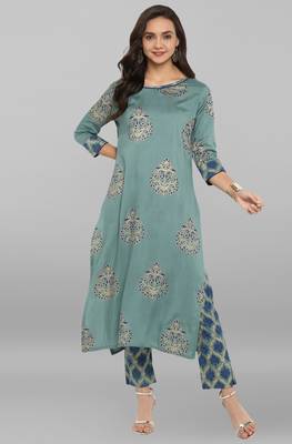 Teal printed rayon ethnic kurta set 2