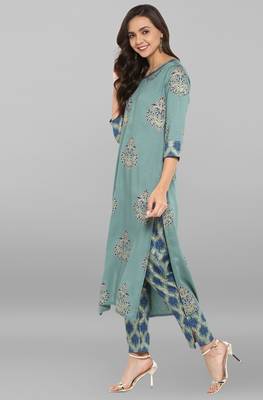 Teal printed rayon ethnic kurta set 3