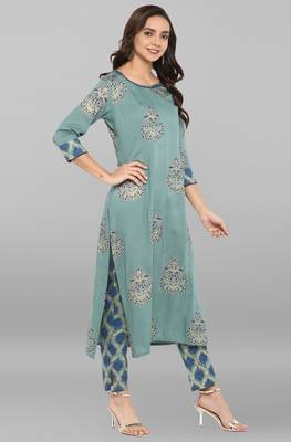 Teal printed rayon ethnic kurta set 4