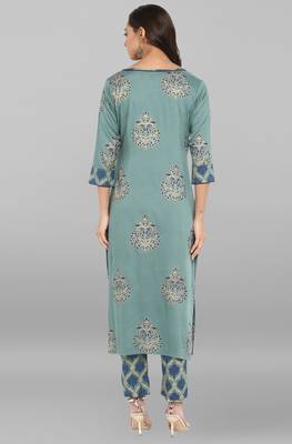 Teal printed rayon ethnic kurta set 5