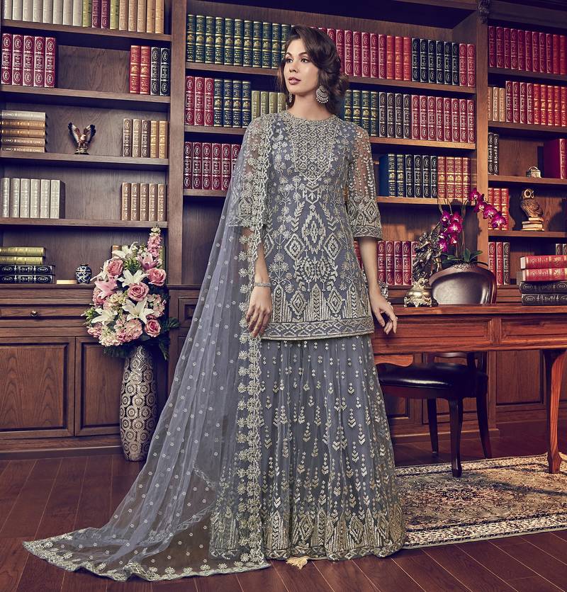 Grey Embroidered Net Salwar