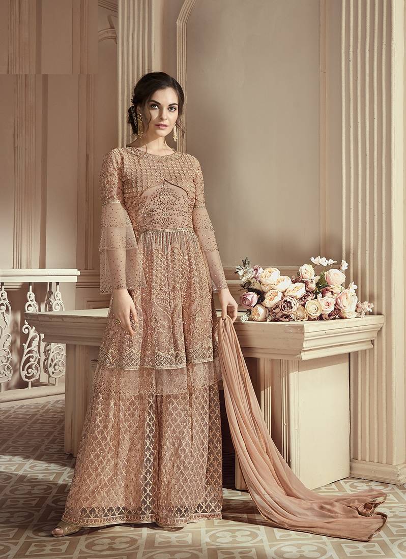 Peach Embroidered Net Salwar