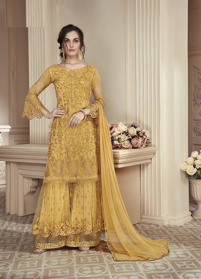 Yellow Embroidered Net Salwar