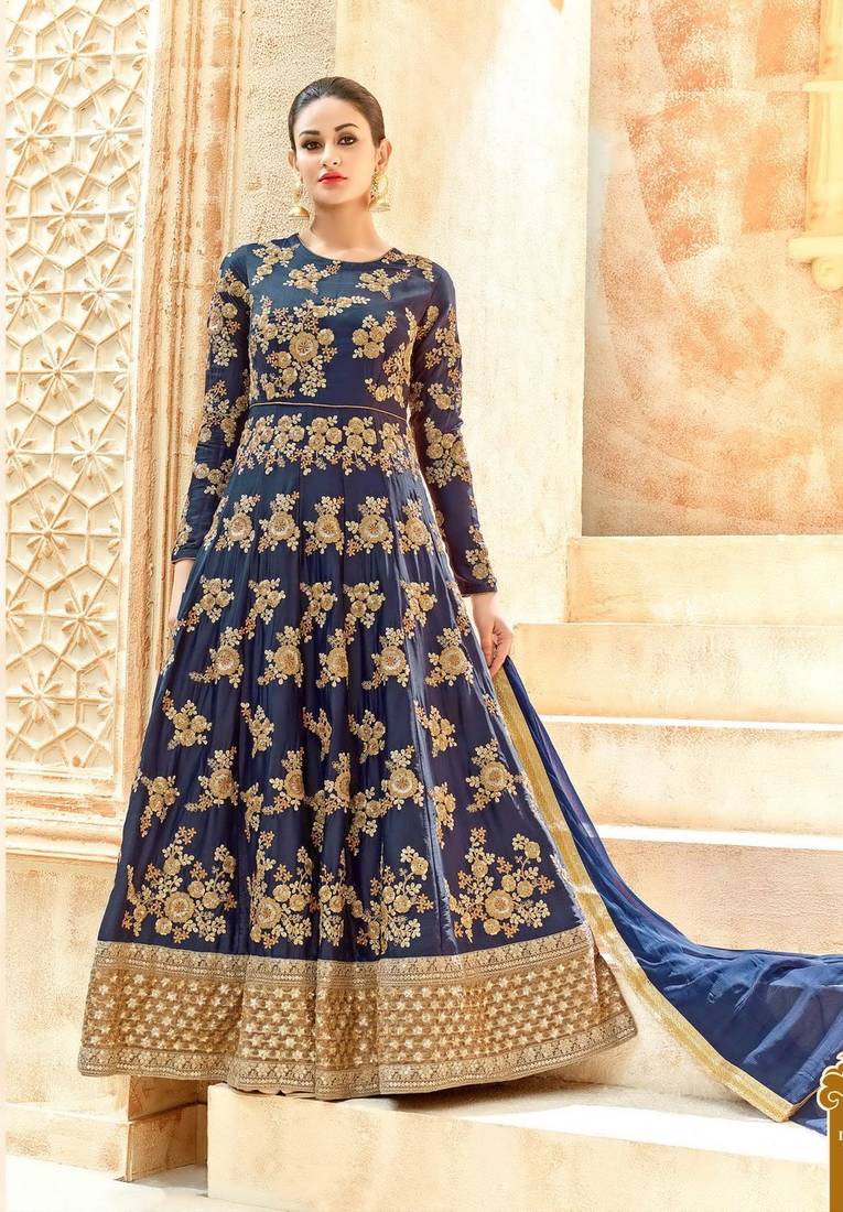 Blue Embroidered Silk Blend Salwar