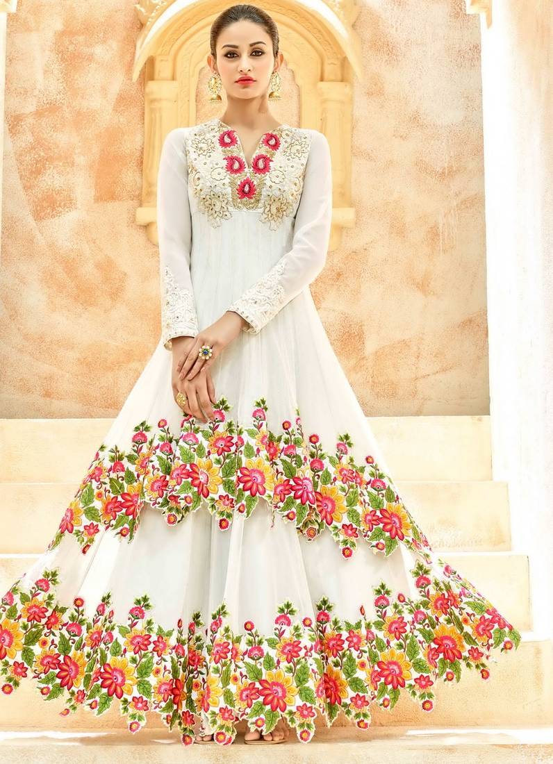 Cream Embroidered Net Salwar