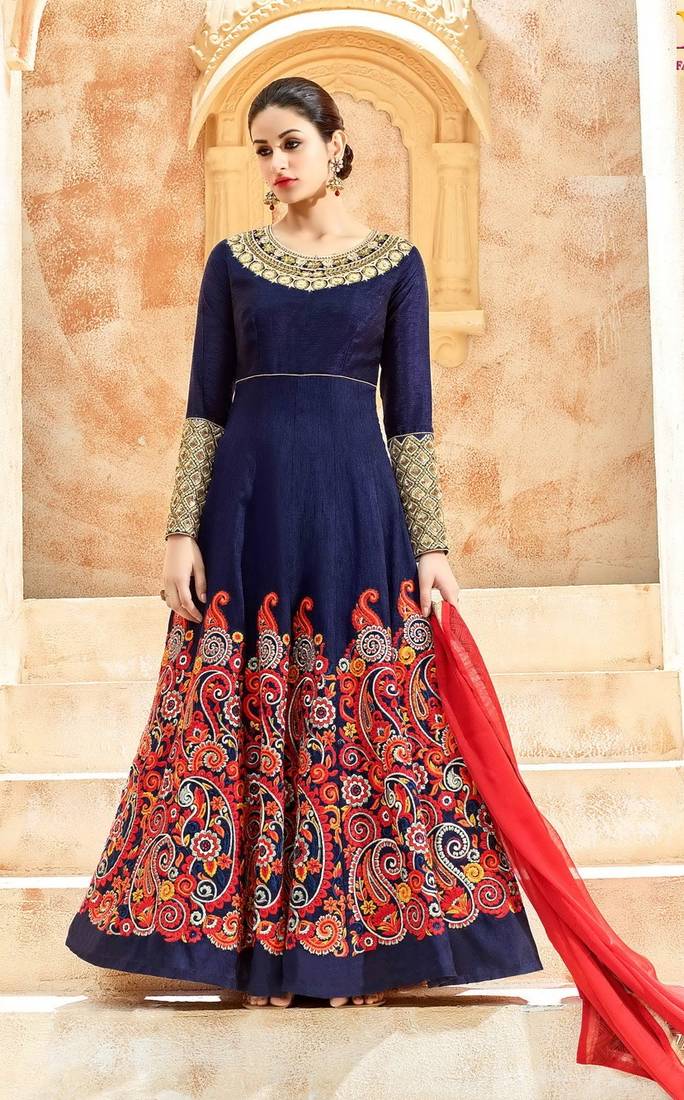 Blue Embroidered Silk Blend Salwar