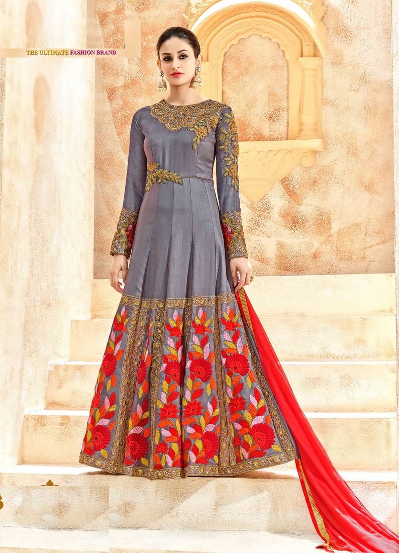 Grey Embroidered Silk Blend Salwar