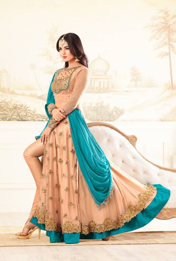 Peach Embroidered Net Salwar