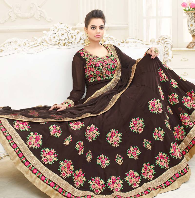 Brown Embroidered Georgette Salwar