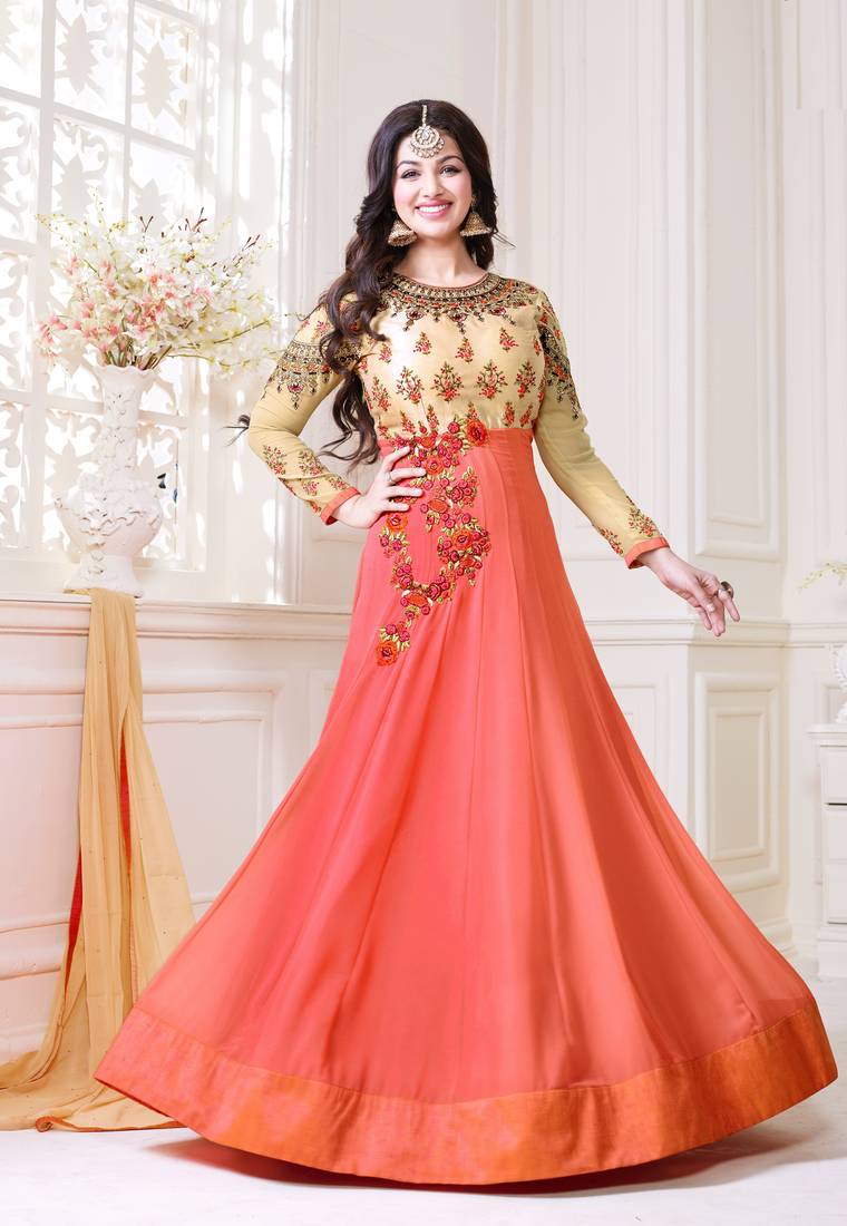 Orange Embroidered Georgette Salwar