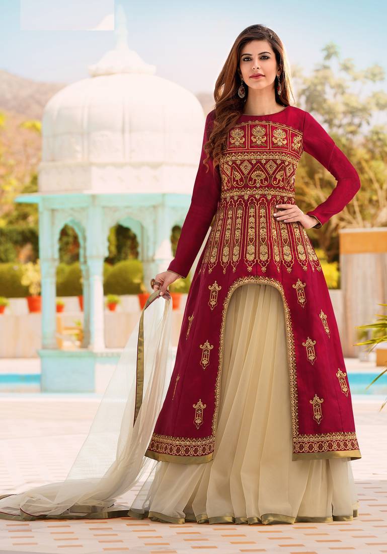 Maroon Embroidered Silk Blend Salwar