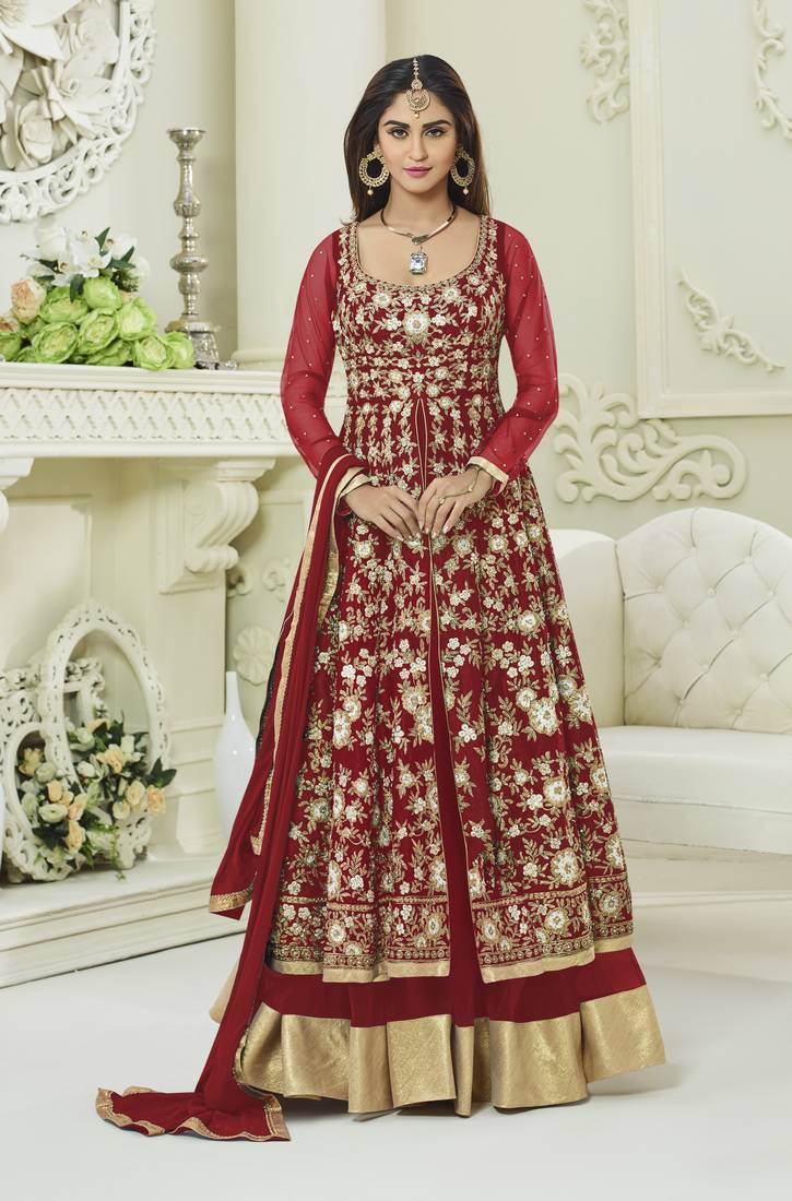 Red Embroidered Silk Blend Salwar
