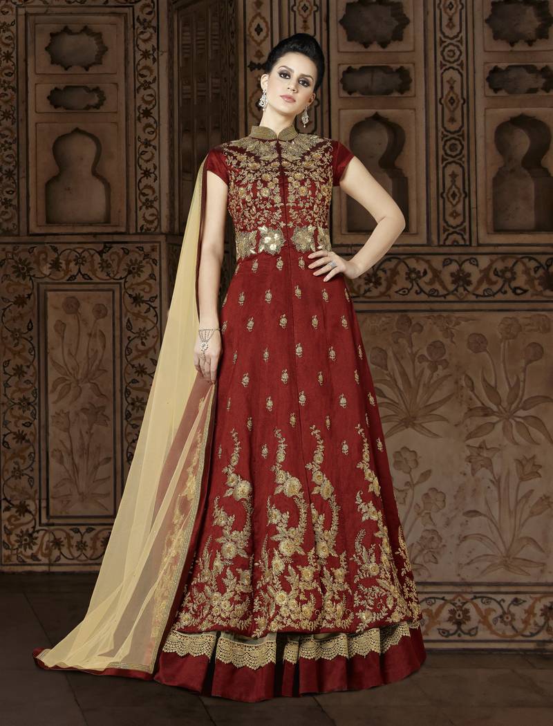 Maroon Embroidered Silk Blend Salwar