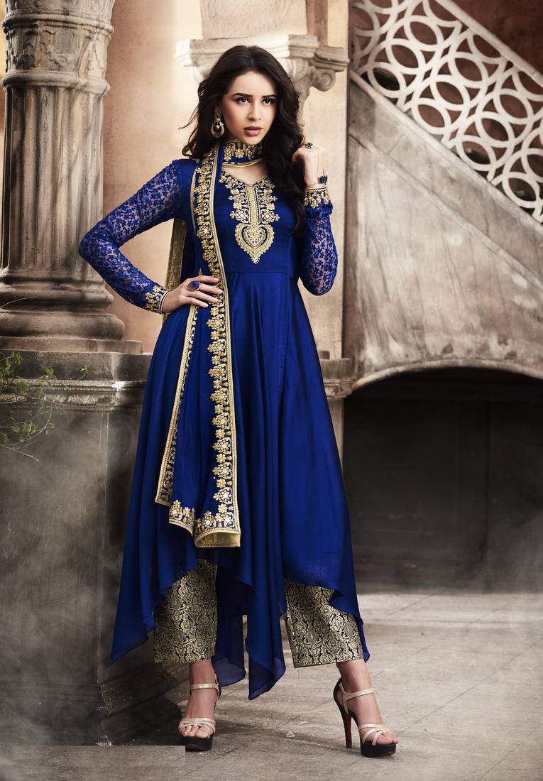 Blue Embroidered Silk Blend Salwar