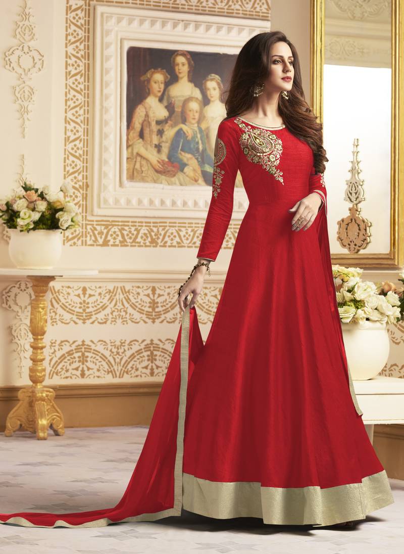 Red Embroidered Silk Blend Salwar