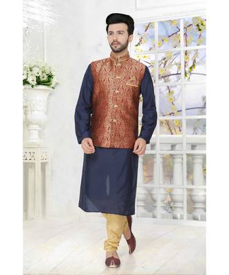 Mens Blue Silk Blend Kurta Set With Woven Jacket 1