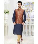 Mens Blue Silk Blend Kurta Set With Woven Jacket