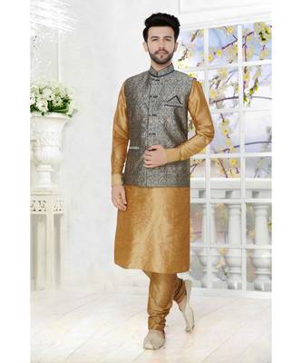 Mens Chickoo Silk Blend Kurta Set With Woven Jacket 1