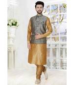 Mens Chickoo Silk Blend Kurta Set With Woven Jacket