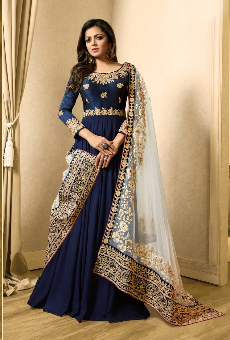 Blue Embroidered Silk Blend Salwar