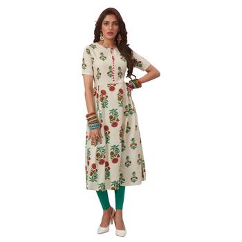 Off-white printed cotton long kurtis 1