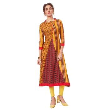 Yellow printed cotton long kurtis 1
