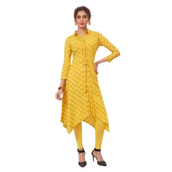 Yellow printed cotton long kurtis 1