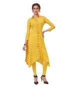 Yellow printed cotton long kurtis