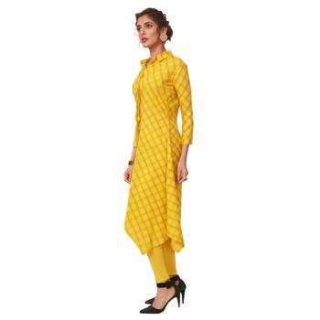 Yellow printed cotton long kurtis 3