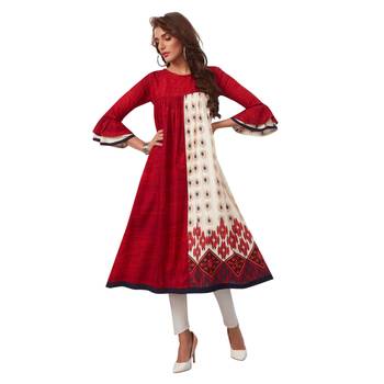 Red printed cotton long kurtis 1