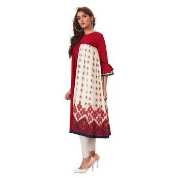 Red printed cotton long kurtis 3