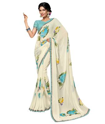 Cream printed georgette saree with blouse 1