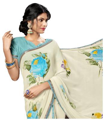 Cream printed georgette saree with blouse 2