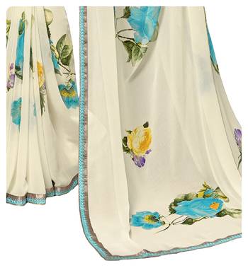 Cream printed georgette saree with blouse 3