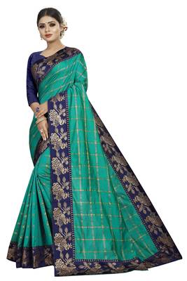 turquoise  woven fancy fabric saree with blouse 1