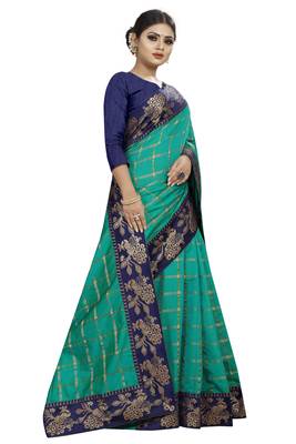 turquoise  woven fancy fabric saree with blouse 3