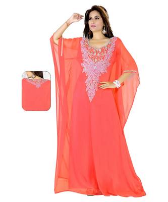 Coral Embroidered Faux Georgette Farasha 1