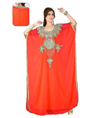 Coral Embroidered Faux Georgette Farasha 1