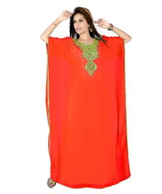 Coral Embroidered Faux Georgette Islamic Kaftan 1