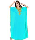 Sky Blue Embroidered Faux Georgette Islamic Kaftan