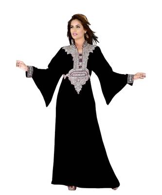 Black Embroidered Faux Georgette Islamic Kaftan 1