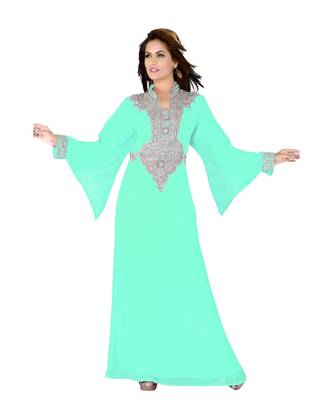 Mint Embroidered Faux Georgette Islamic Kaftan 1