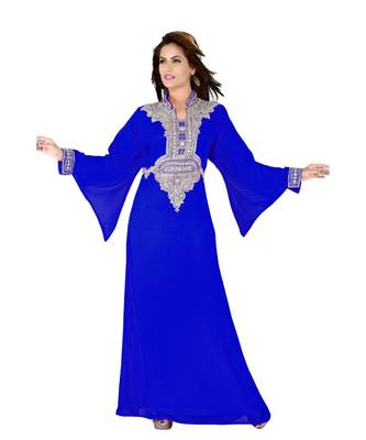 Royal Blue Embroidered Faux Georgette Islamic Kaftan 1