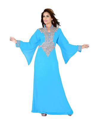 Sky Blue Embroidered Faux Georgette Islamic Kaftan 1