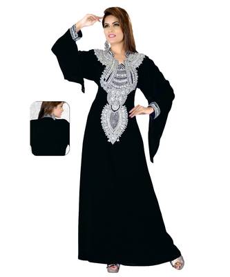 Black Embroidered Faux Georgette Islamic Kaftan 1