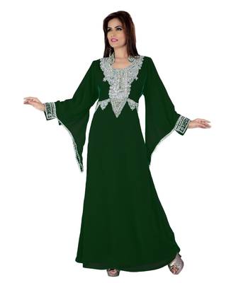 Bottle Green Embroidered Faux Georgette Islamic Kaftan 1